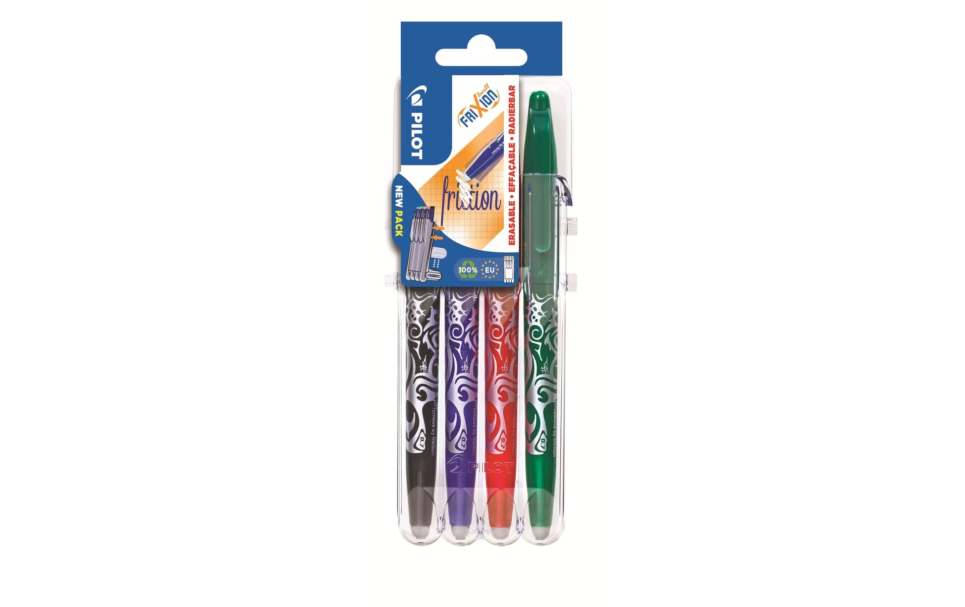 Pilot FriXion Ball Set2Go – Radierbarer Tintenroller mit Kappe, 0,7 mm, Schwarz/Blau/Rot u. a., 4er Etui