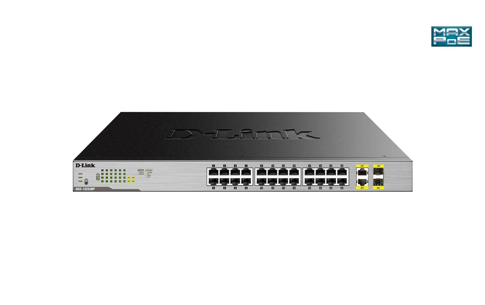 D-Link DGS-1026MP – Unmanaged Switch – 24× 1G, 2× SFP (Combo), PoE+, PoE-Budget 370 W, 19", 1U