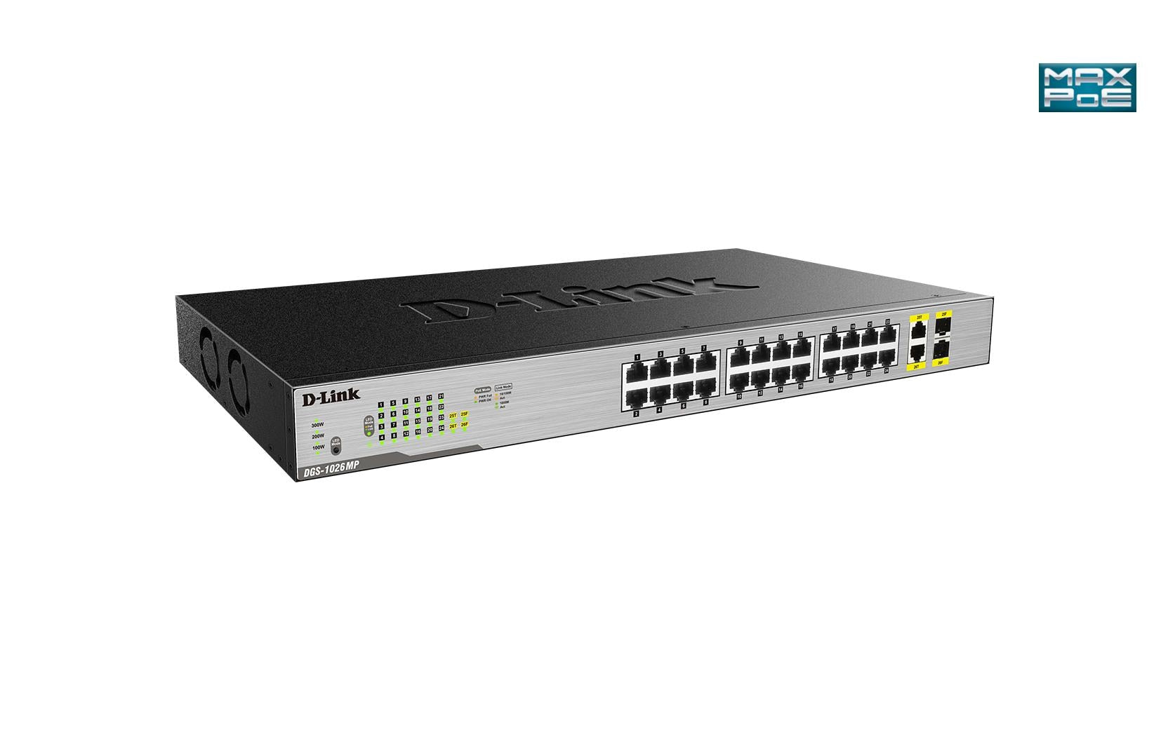 D-Link DGS-1026MP – Unmanaged Switch – 24× 1G, 2× SFP (Combo), PoE+, PoE-Budget 370 W, 19", 1U