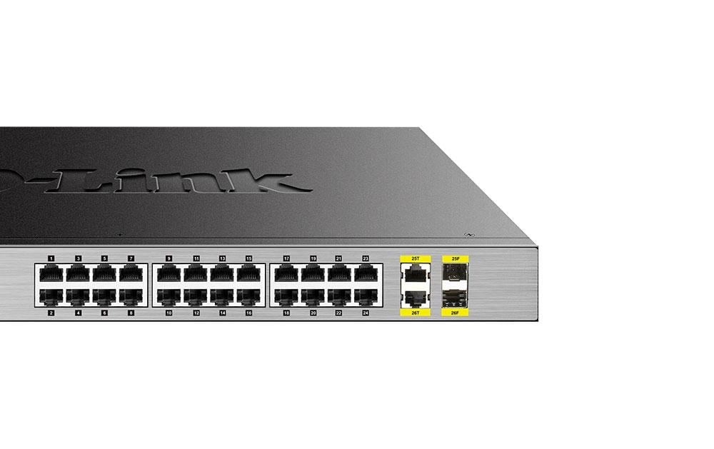 D-Link DGS-1026MP – Unmanaged Switch – 24× 1G, 2× SFP (Combo), PoE+, PoE-Budget 370 W, 19", 1U