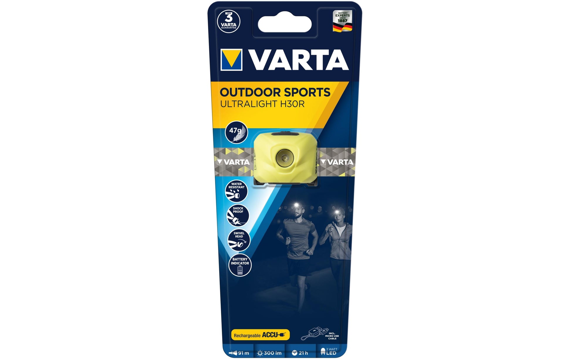 Varta Stirnlampe H30R – 300 lm, 91 m, IPX4, Laufzeit 21 h, dimmbar – Limette