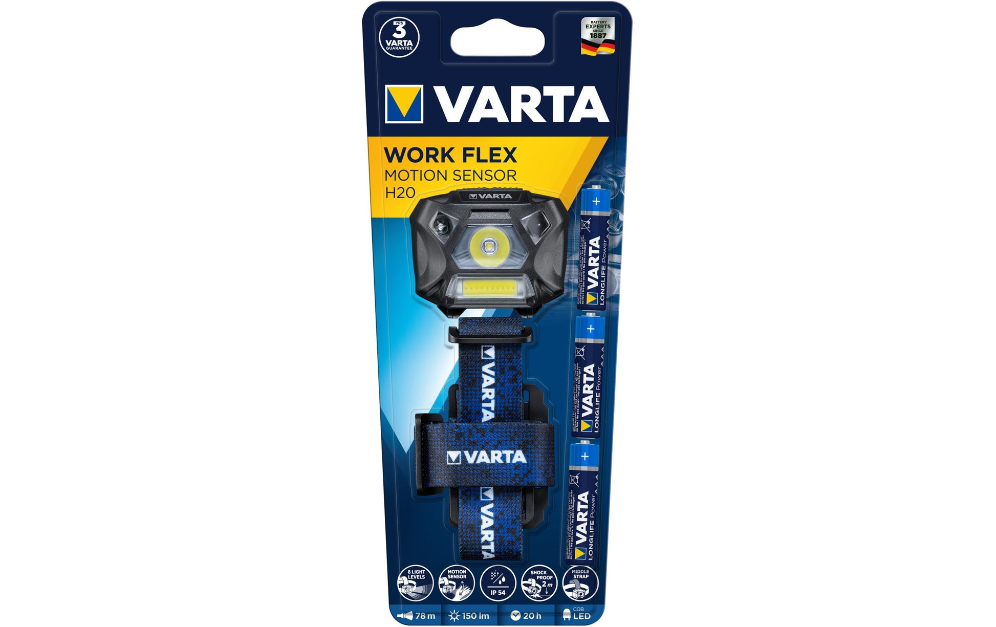 Varta Stirnlampe Work Flex Motion Sensor H20 – 150 lm, 78 m, IP54, Laufzeit 20 h – Schwarz