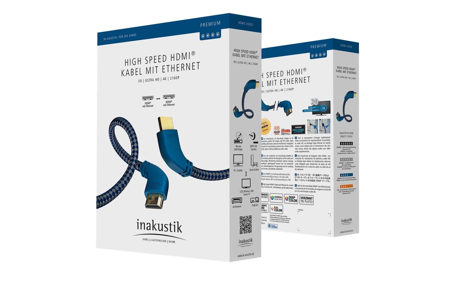 Inakustik HDMI Kabel HDMI 2.0 4K 60 Hz – 3 m – ARC, Ethernet – Blau/Silber