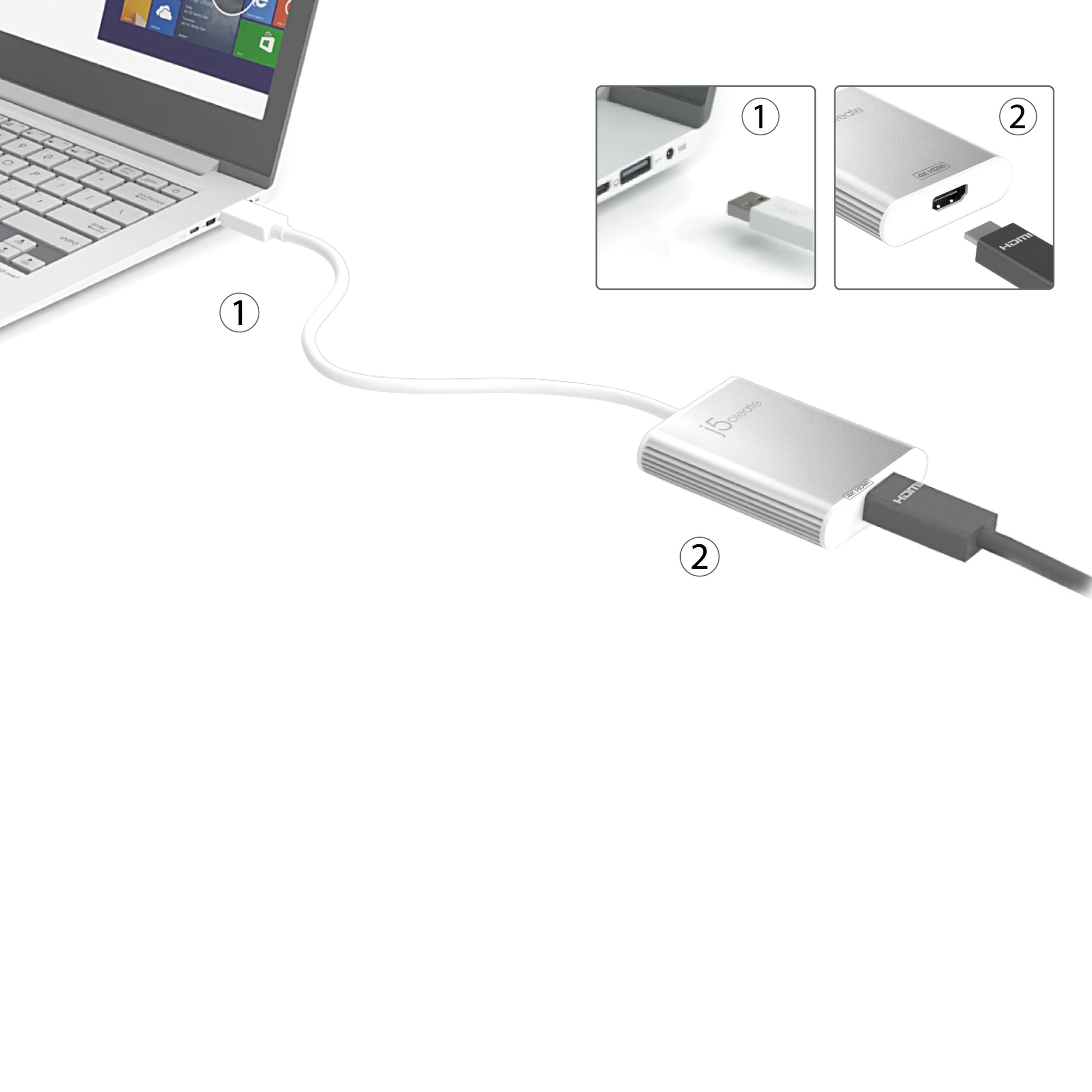 j5create JUA354-N Adapter USB-A zu HDMI – 4K (3840 × 2160) @ 30 Hz, USB 3.2 Gen 1 (5 Gbit/s), 0,08 m, Silber