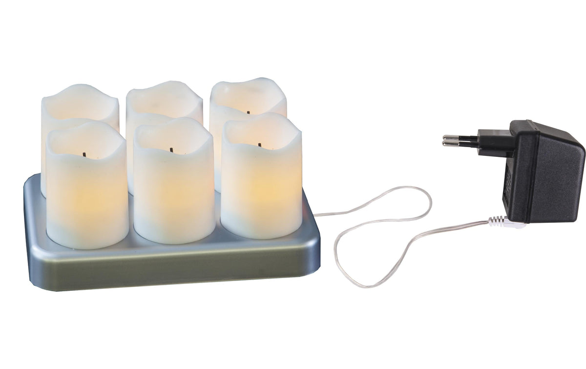 Star Trading LED-Teelicht Chargeme – 6er Set, Warmweiss, Akkubetrieb, NiMH-Akku, Flackernd, Weiss