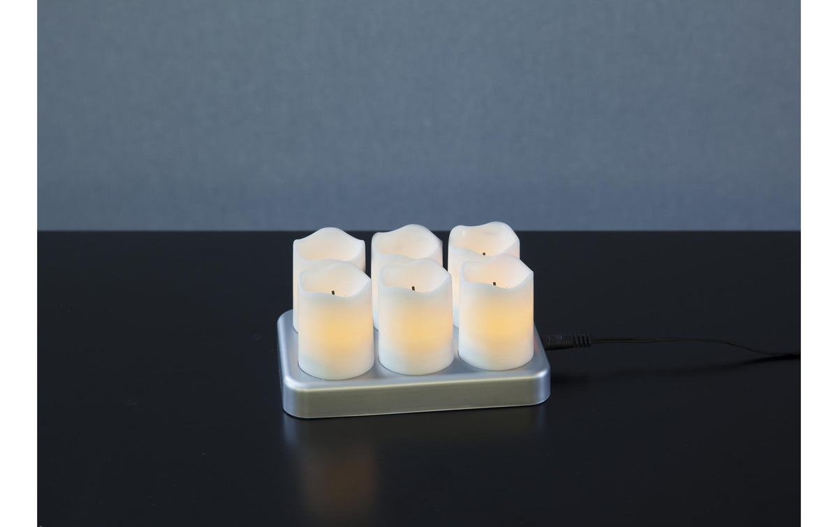 Star Trading LED-Teelicht Chargeme – 6er Set, Warmweiss, Akkubetrieb, NiMH-Akku, Flackernd, Weiss