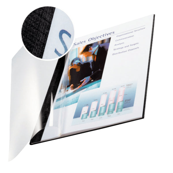 Leitz impressBIND Thermobindemappe – A4 – Rücken 18 mm – bis 140 Blatt, Leinenstruktur, schwarz/transparent –
