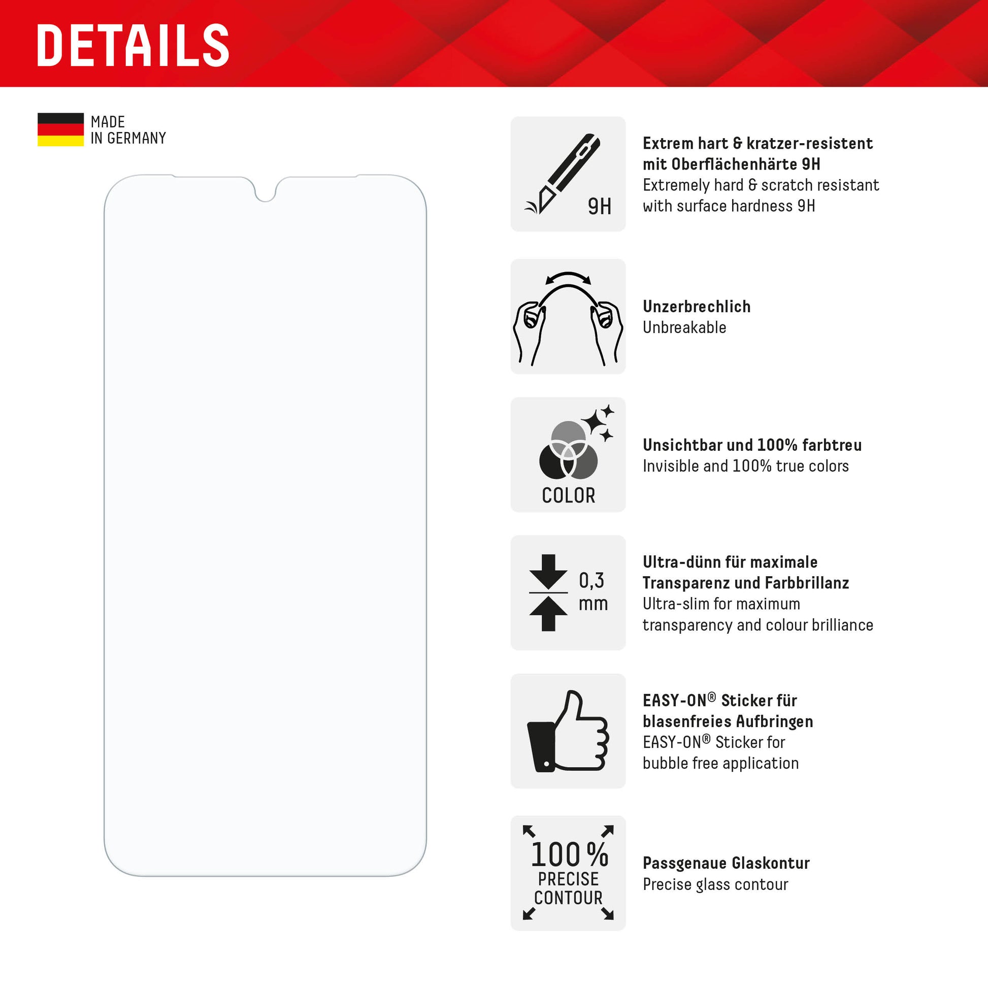 Displex Displayschutz (Hybrid-Glas), 9H – für Galaxy A16 – mit Applikator