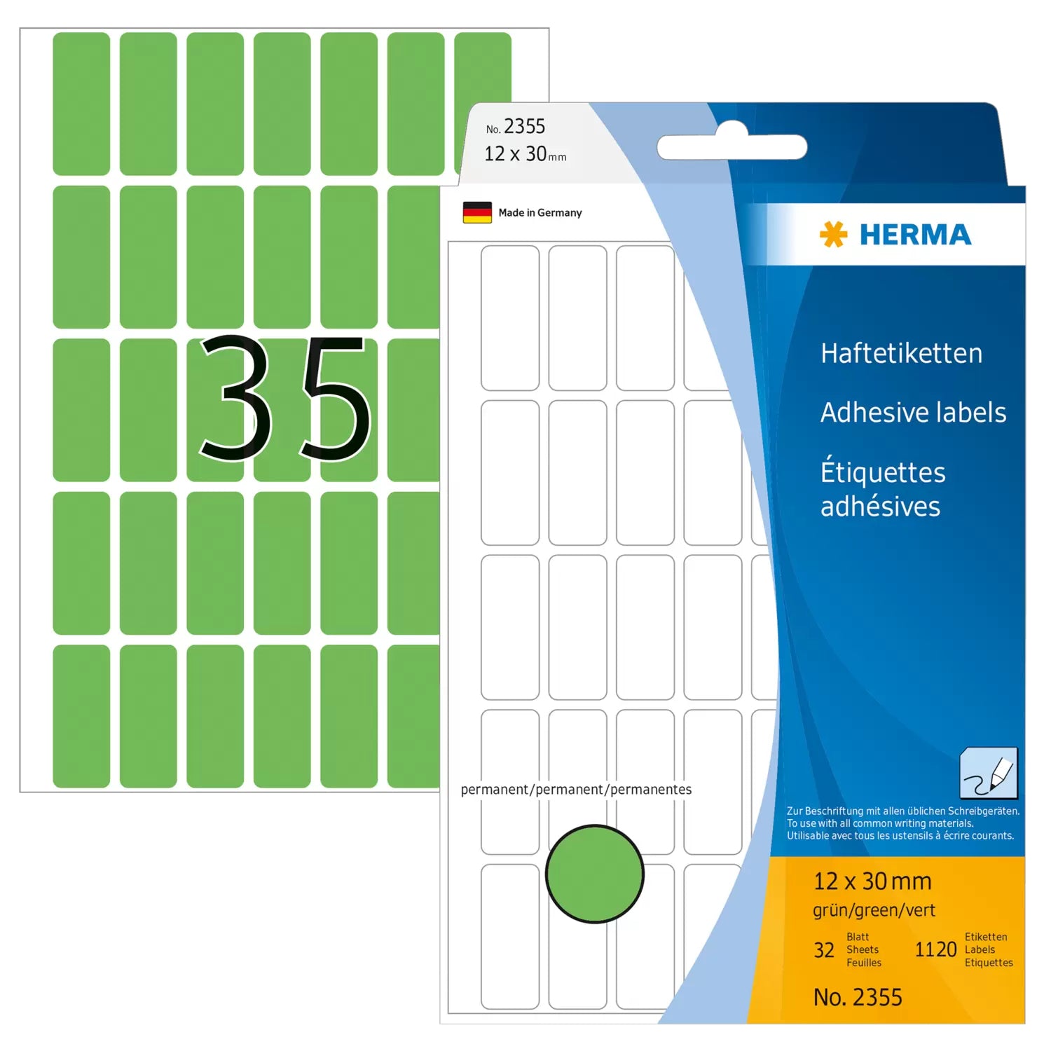 HERMA Haftetiketten – rechteckig 12 × 30 mm, permanent, grün, abgerundete Ecken, 32 Blatt (1'120 Stk.)