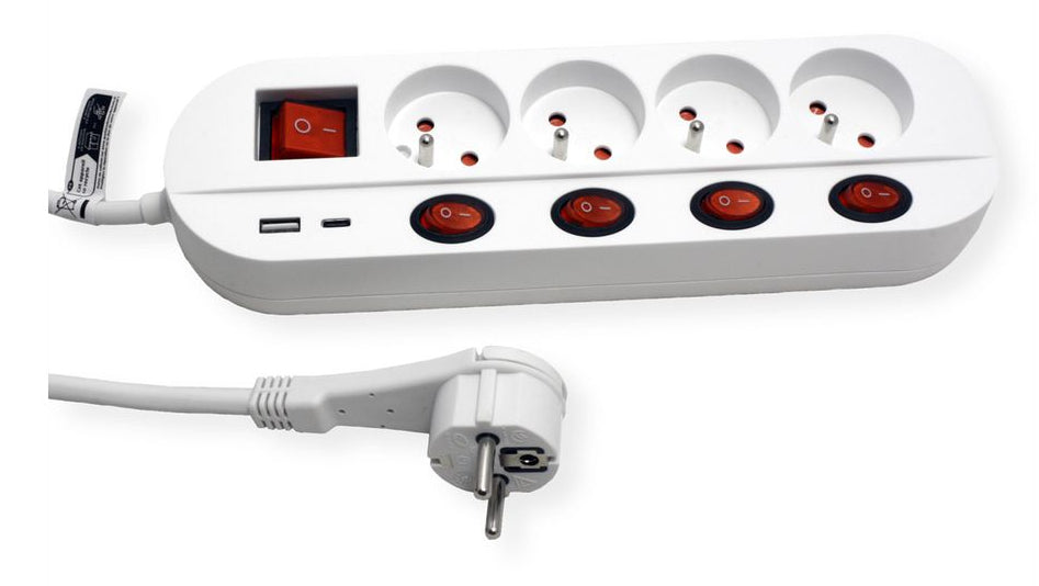ROLINE Steckdosenleiste, 4×UTE, 1×USB‑A 5 V 2,4 A + 1×USB‑C 5 V 2,4 A, einzeln schaltbar, 3 m – weiss