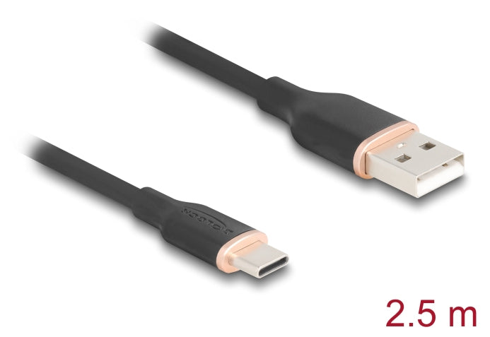DeLOCK USB-A auf USB-C Kabel – USB 2.0 (480 Mbit/s) – 2,5 m – Silikon – Schwarz