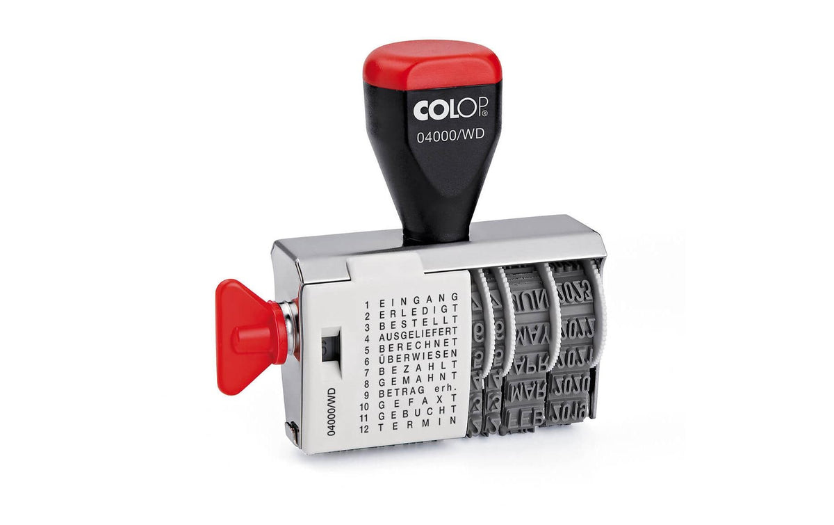 Colop 04000/WD – Traditioneller Wort- & Datumstempel, 12 Texte, Schrifthöhe 4 mm – schwarz/rot/grau