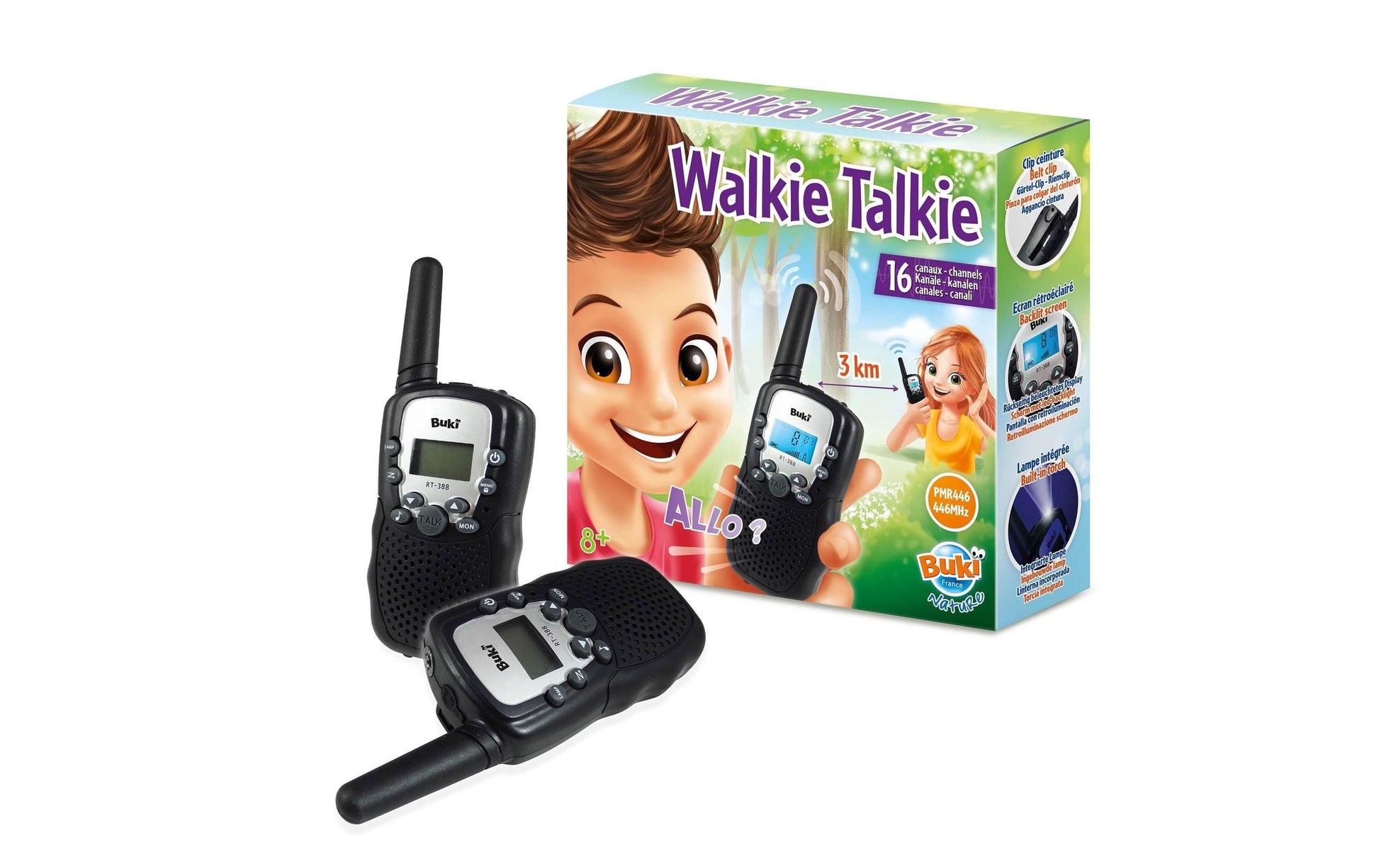 Buki Walkie-Talkie – 3 km Reichweite, 16 Kanäle – 2 Stück – ab 8 Jahren – Schwarz/Grau