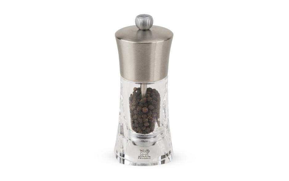 Peugeot Pfeffermühle Ouessant – Einstellbares Mahlwerk, Abnehmbarer Deckel – Acryl/Stahl – Transparent – 14 cm