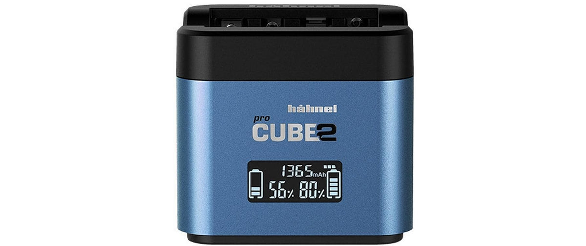 Hahnel Hähnel pro Cube2 Akkuladegerät – für DMW-BLC12, DMW-BLF19, DMW-BLG10 und andere – 2-fach, AC, 12 V – LCD, Blau