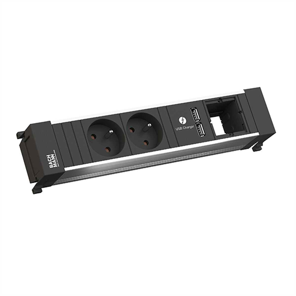 Bachmann Steckdosenleiste – 2× UTE (Typ E), USB, 0,2 m, Schwarz/Silber – für Frankreich, Tschechien, Slowakei