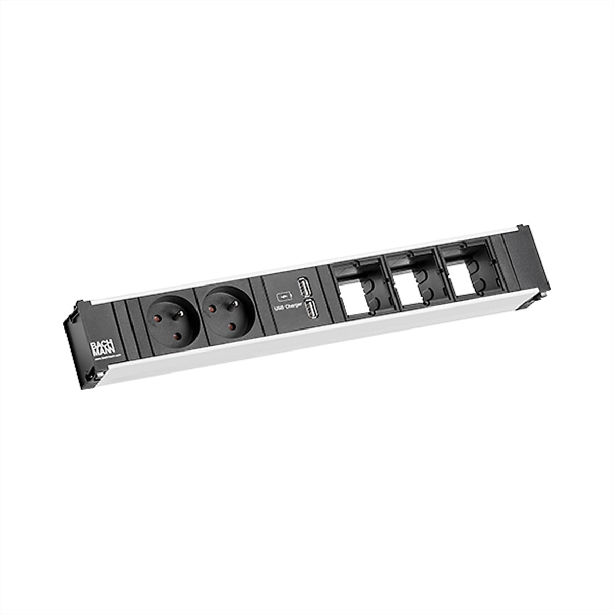 Bachmann Steckdosenleiste – 2× Typ E (UTE), 2× USB‑A, 0,2 m, ohne Schalter, schwarz/silber