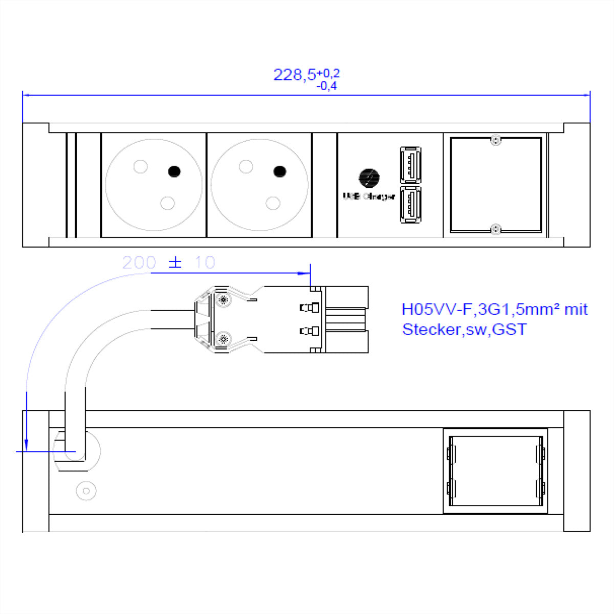Bachmann VENID – Einbau-Anschlussfeld, 2× Typ E (UTE), 2× USB (5 V/3,1 A), 0,20 m, Stecker Wieland GST18