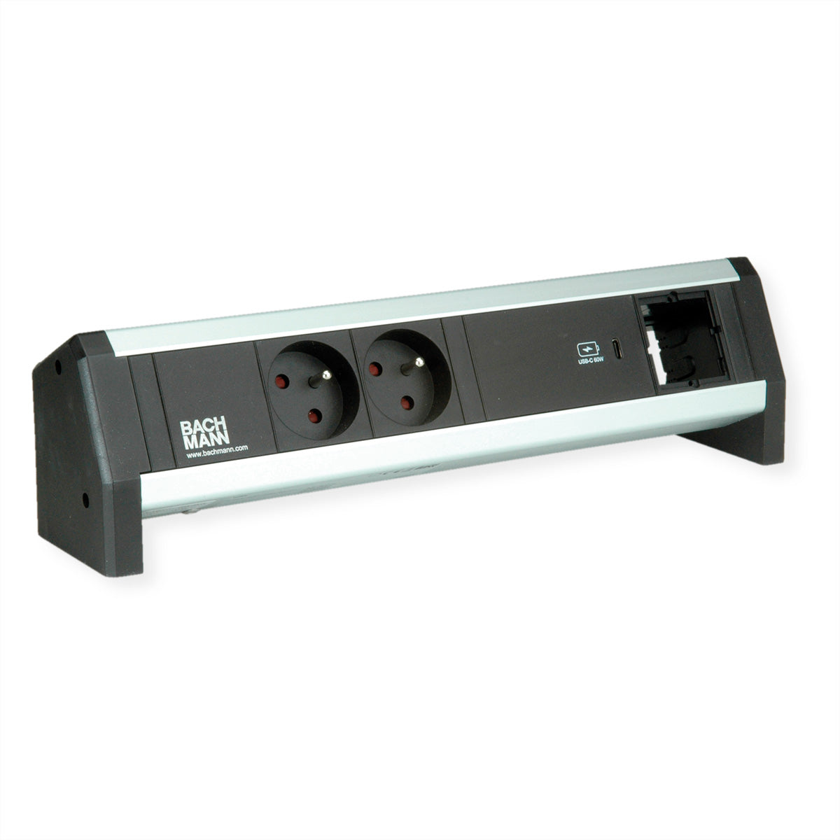 Bachmann DESK Steckdosenleiste, 2×UTE, 1×USB-C PD 60 W, GST18 Eingang, 320×70×90 mm – Schwarz