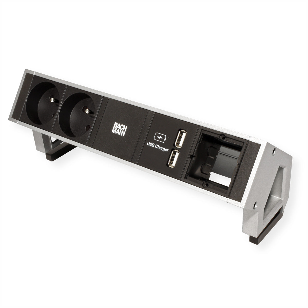 Bachmann DESK2 Steckdosenleiste Typ E 2× – USB‑A×2 – Wieland GST18, Kabel 0,2 m – Edelstahl