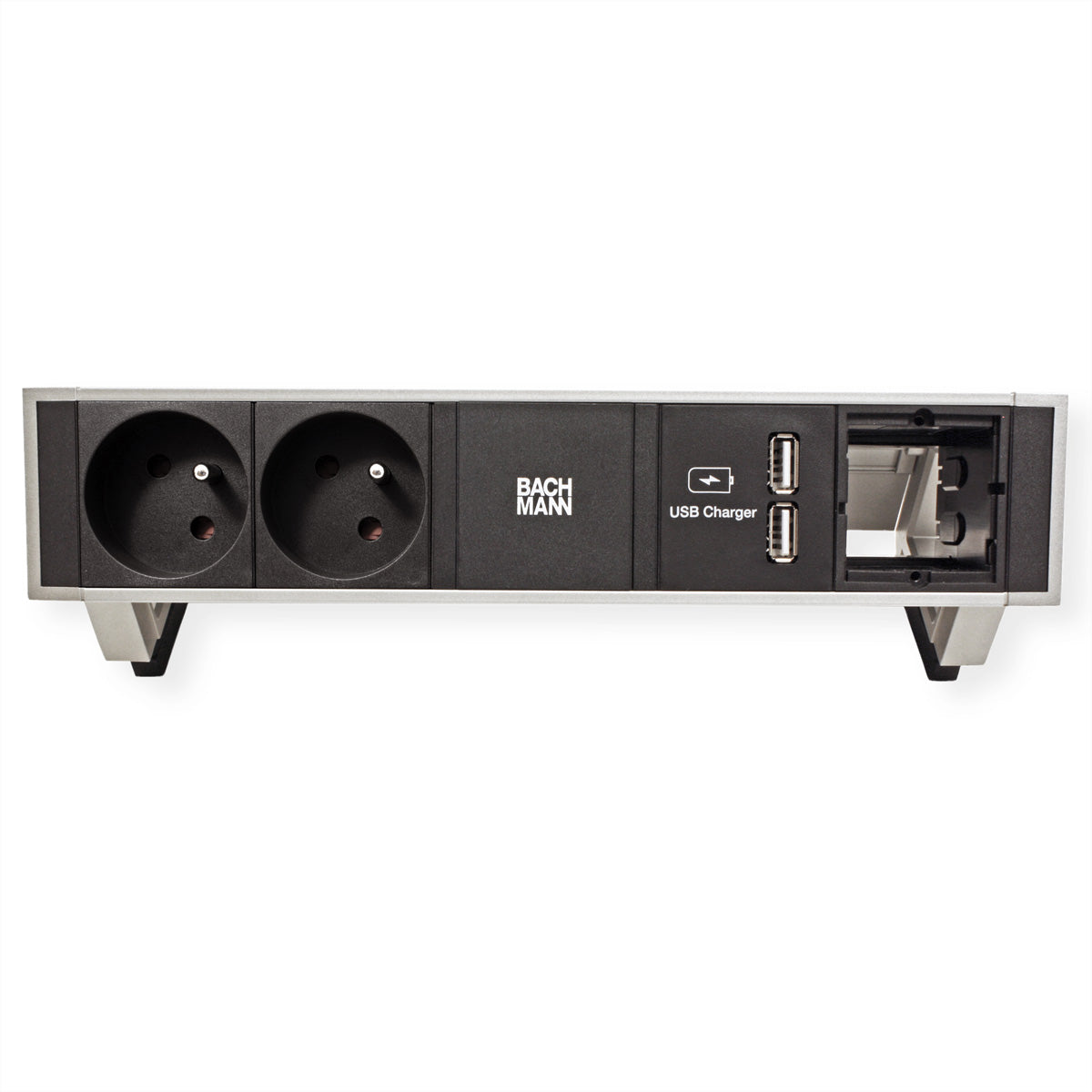 Bachmann DESK2 Steckdosenleiste Typ E 2× – USB‑A×2 – Wieland GST18, Kabel 0,2 m – Edelstahl
