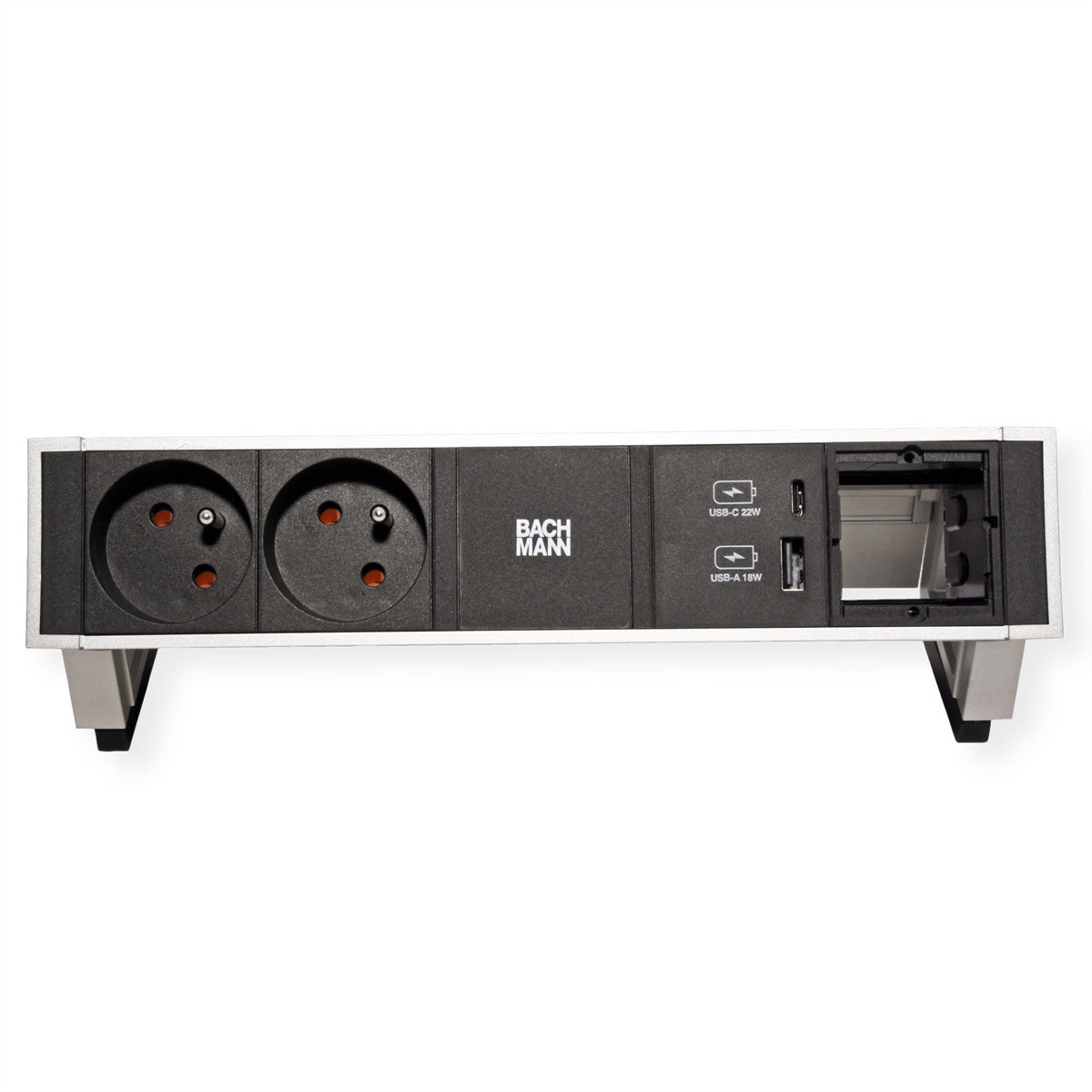 Bachmann DESK2 Tischsteckdosenleiste, 2×UTE, 1×USB‑A + 1×USB‑C 22 W, 0,2 m Kabel – Silber