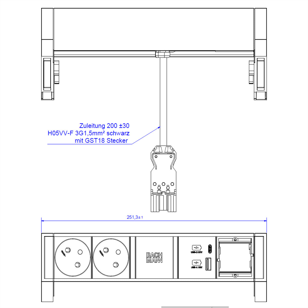 Bachmann DESK2 Tischsteckdosenleiste, 2×UTE, 1×USB‑A + 1×USB‑C 22 W, 0,2 m Kabel – Silber