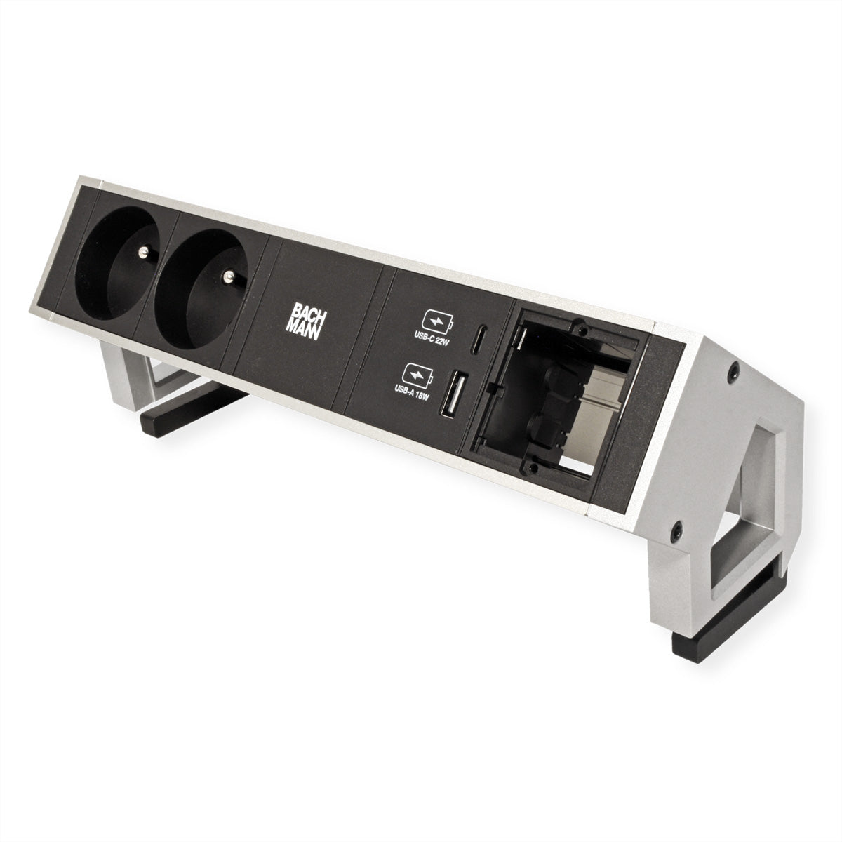 Bachmann DESK2 Tischsteckdosenleiste, 2×UTE, 1×USB‑A + 1×USB‑C 22 W, 0,2 m Kabel – Silber