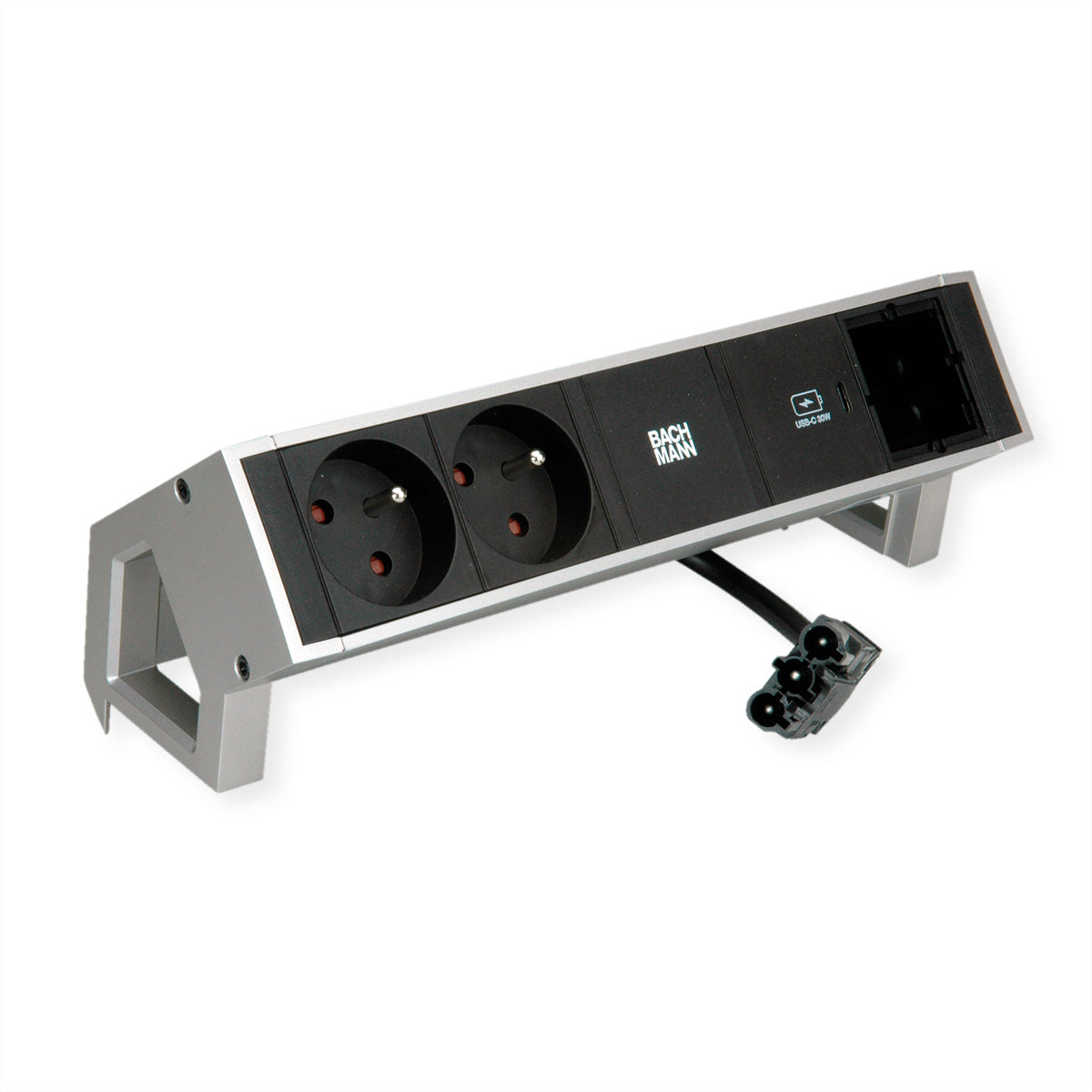 Bachmann DESK2 Tischsteckdosenleiste, 2×Typ E, 1×USB-C PD 30 W, 0,2 m, mit Haltewinkel – silber