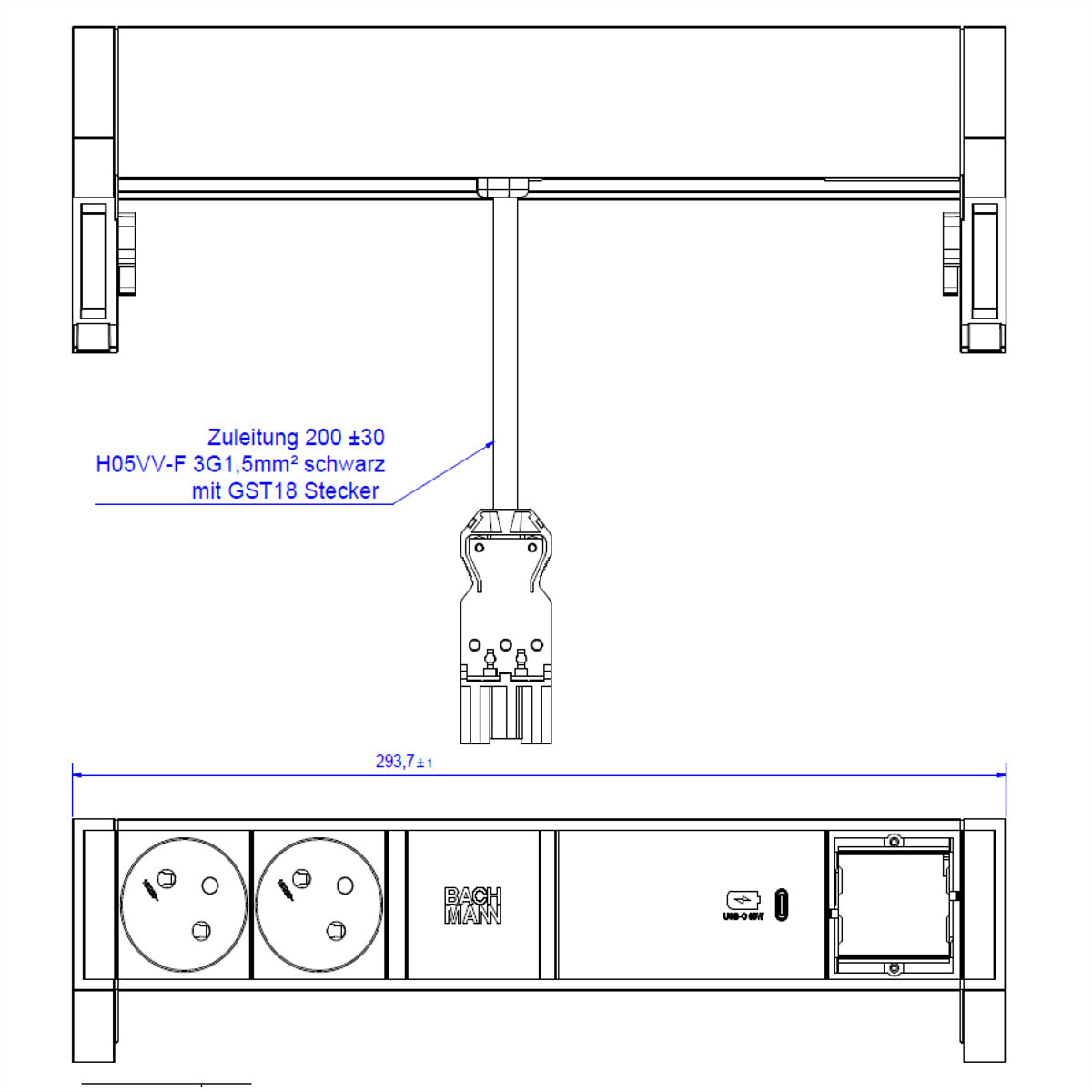 Bachmann DESK2 Steckdoseneinheit – 2×UTE (Typ E), USB‑C 60 W, Aufbau, GST18-Stecker, 0,2 m, Silberfarben