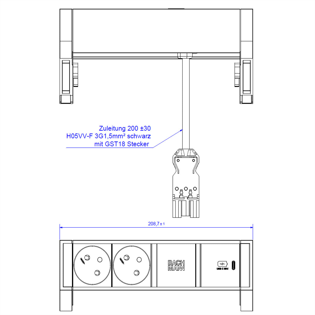 Bachmann DESK2 Tischsteckdosenleiste, 2×Typ E, 1×USB-C 30 W, 0,2 m, inkl. Haltewinkel – weiss