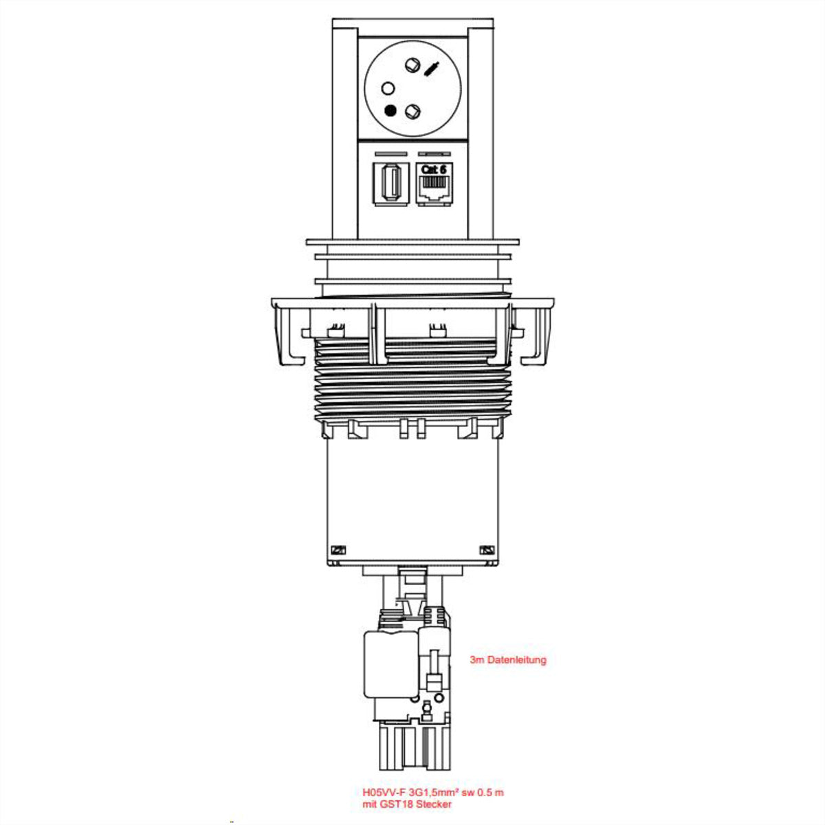 Bachmann ELEVATOR Steckdoseneinheit – 1×UTE (Typ E), 1×USB‑A, 1×CAT6A, GST18, 0,5 m, eloxiertes Aluminiumprofil