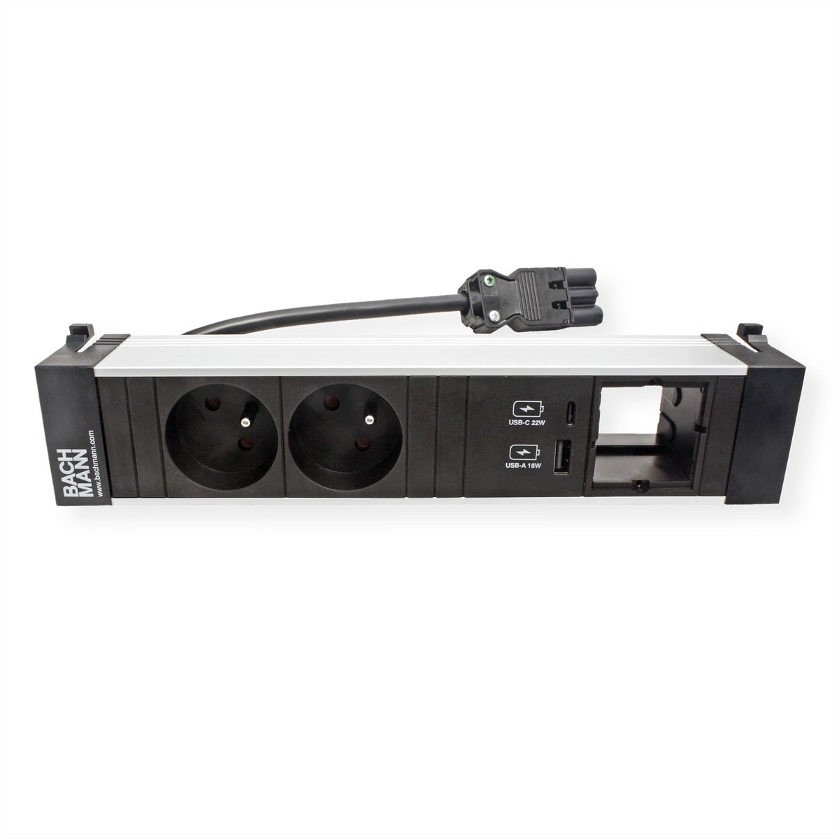 Bachmann POWER FRAME M Einbausteckdosenleiste, 2×UTE, 1×USB-A + 1×USB-C 22 W, Einbau, 0,2 m – Schwarz