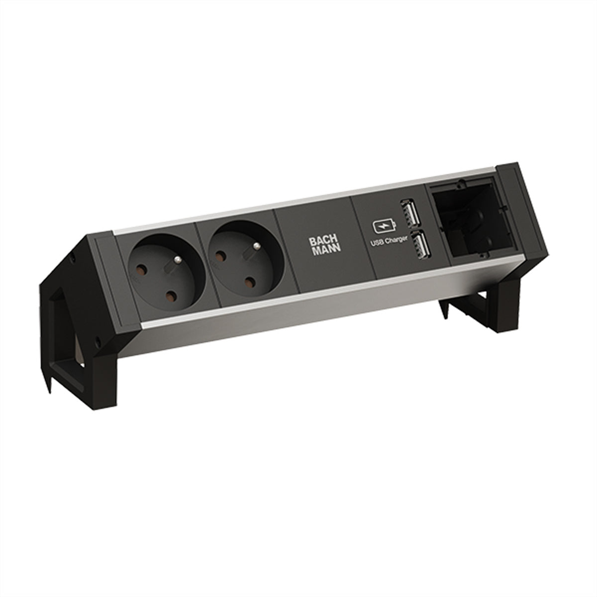 Bachmann DESK2 ALU – Tischsteckdosenleiste, 2× Typ E, 2× USB-Ladegerät 5 V/3,1 A, 0,2 m, Stecker GST18