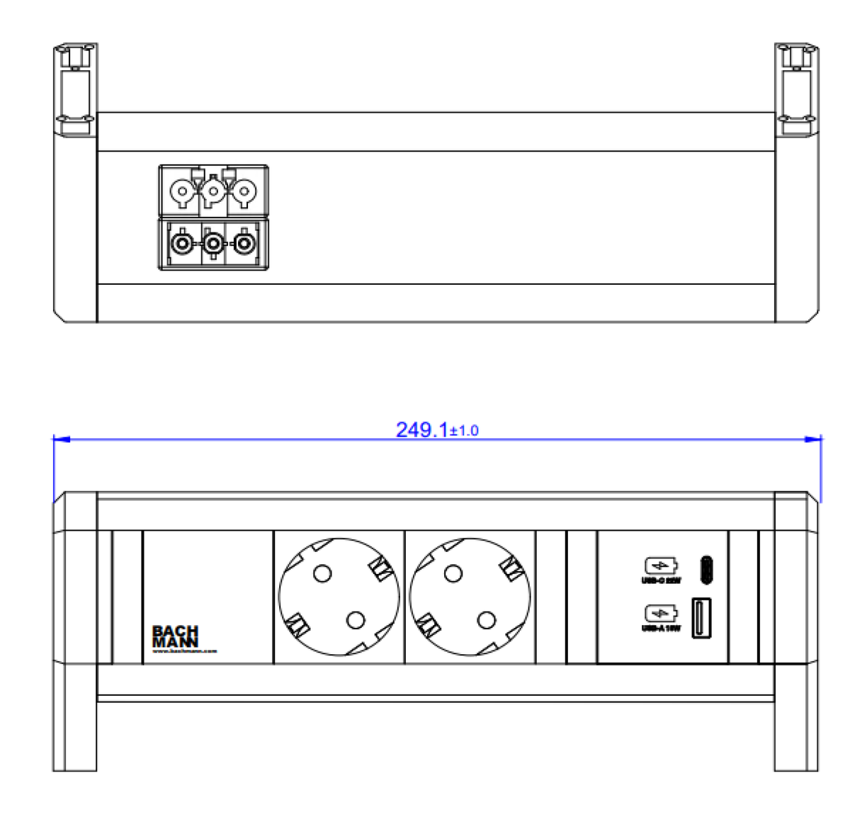 Bachmann Tischsteckdosenleiste, 2×T13, 1×USB-A/USB-C 22 W, GST18 Eingang, erhöhter Berührungsschutz – Weiss