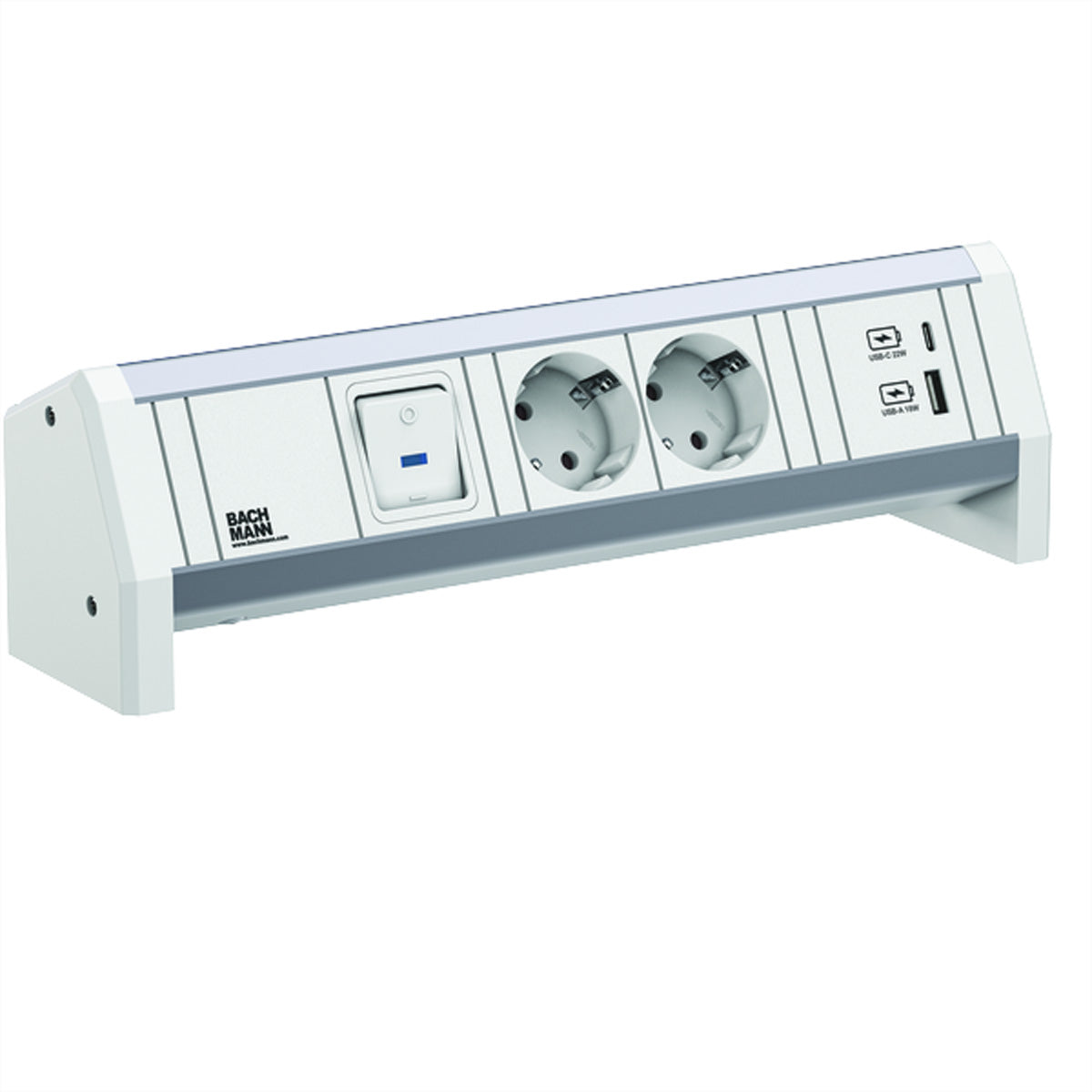 Bachmann DESK Tischsteckdosenleiste – 2×Schuko (Typ F), 1×USB‑A + 1×USB‑C 22 W, mit Schalter – Weiss