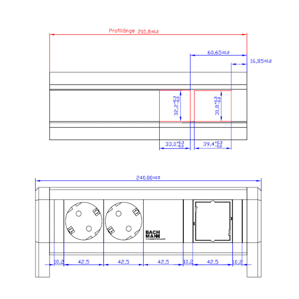 Bachmann DESK Steckdosenleiste – 2×Schuko (Typ E/F), 1×Wieland GST18 (Eingang), Schwarz