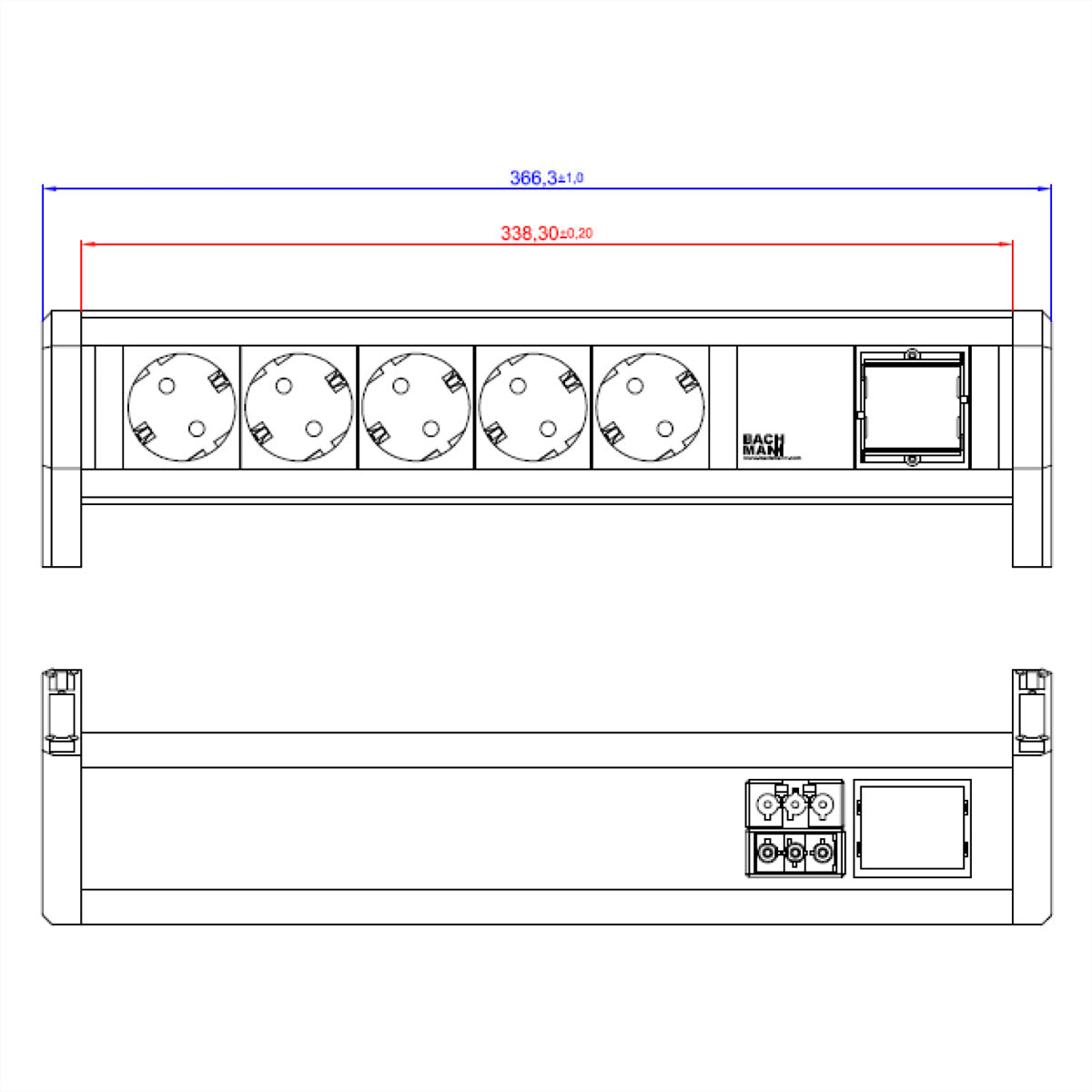 Bachmann Steckdosenleiste – 5×Schuko (Typ E/F), Wieland GST18, 1×Leeres Custom-Modul