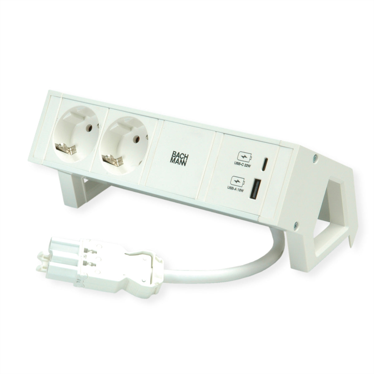 Bachmann DESK2 Tischsteckdosenleiste – 3×T13, 2×USB‑A/USB‑C 22 W, 0,2 m, Wieland GST18-Stecker – Weiss