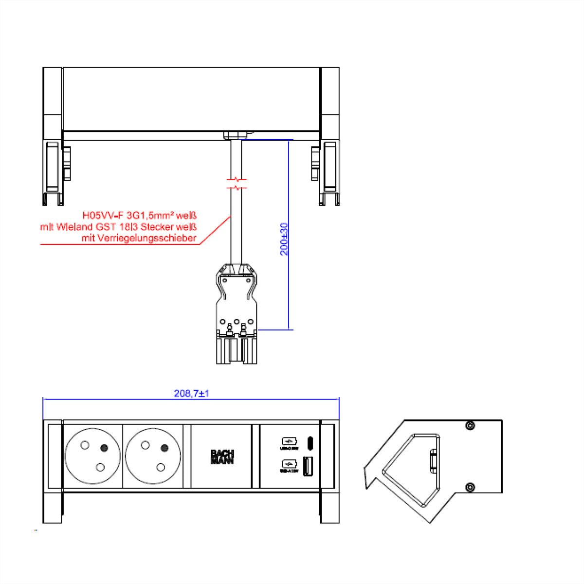 Bachmann DESK2 Tischsteckdosenleiste, 2×UTE, 2×USB 22 W, 0,2 m, inkl. Haltewinkel – weiss