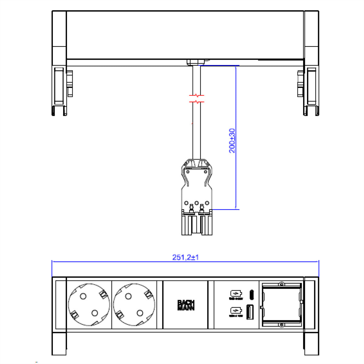 Bachmann DESK2 Steckdosenleiste – 2× Typ F, USB‑A/C 22 W, 0,2 m, weiss
