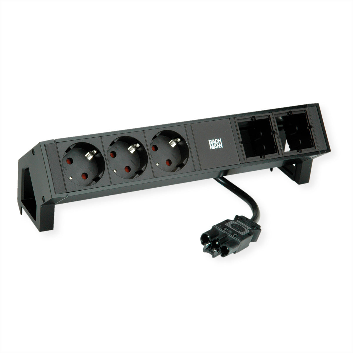 Bachmann DESK2 – Tischsteckdosenleiste, 3× T13, 2× Custom Modul (leer), 0,2 m, Stecker GST18, schwarz