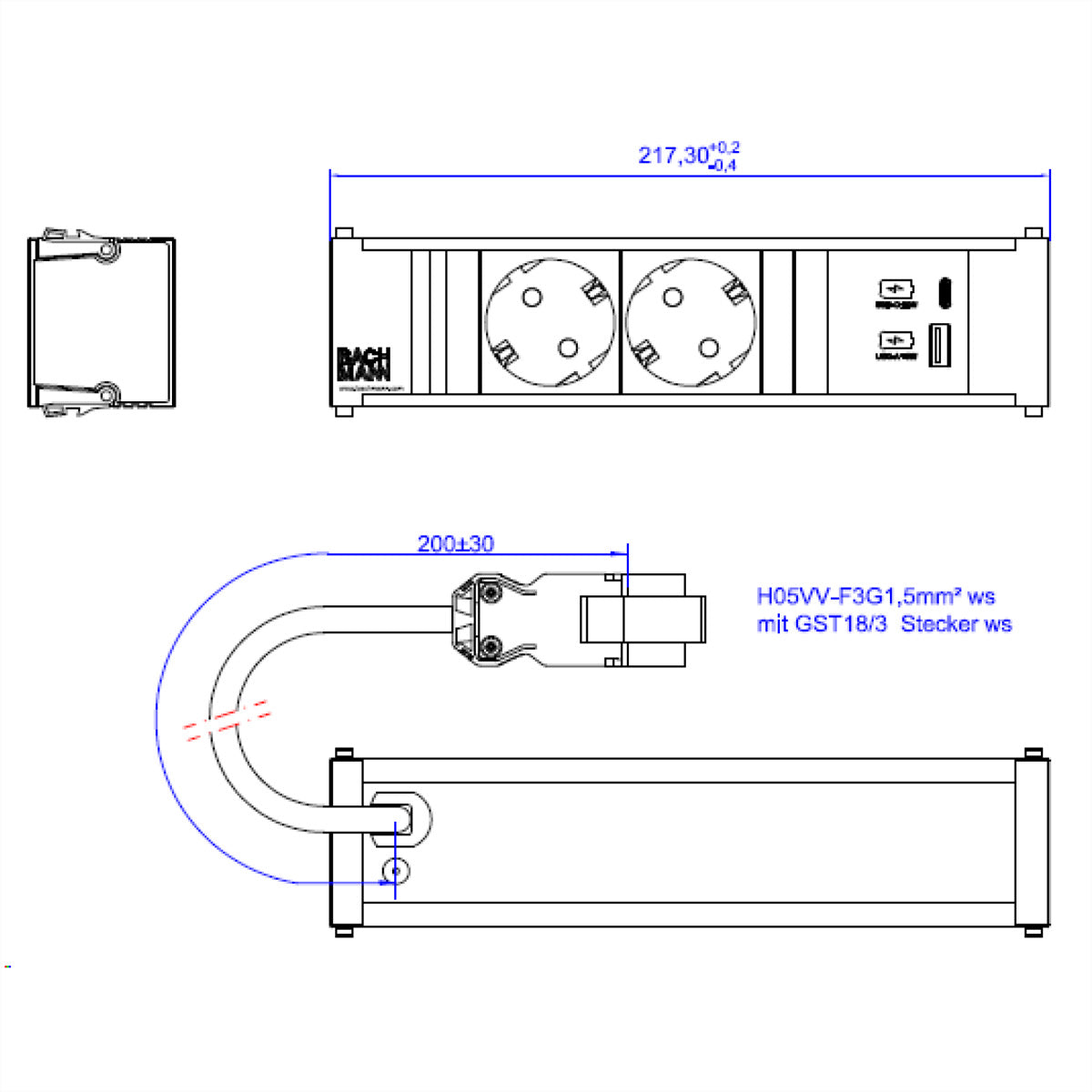 Bachmann CONI Steckdoseneinheit – 2×T13, USB‑A/USB‑C 22 W, Einbau