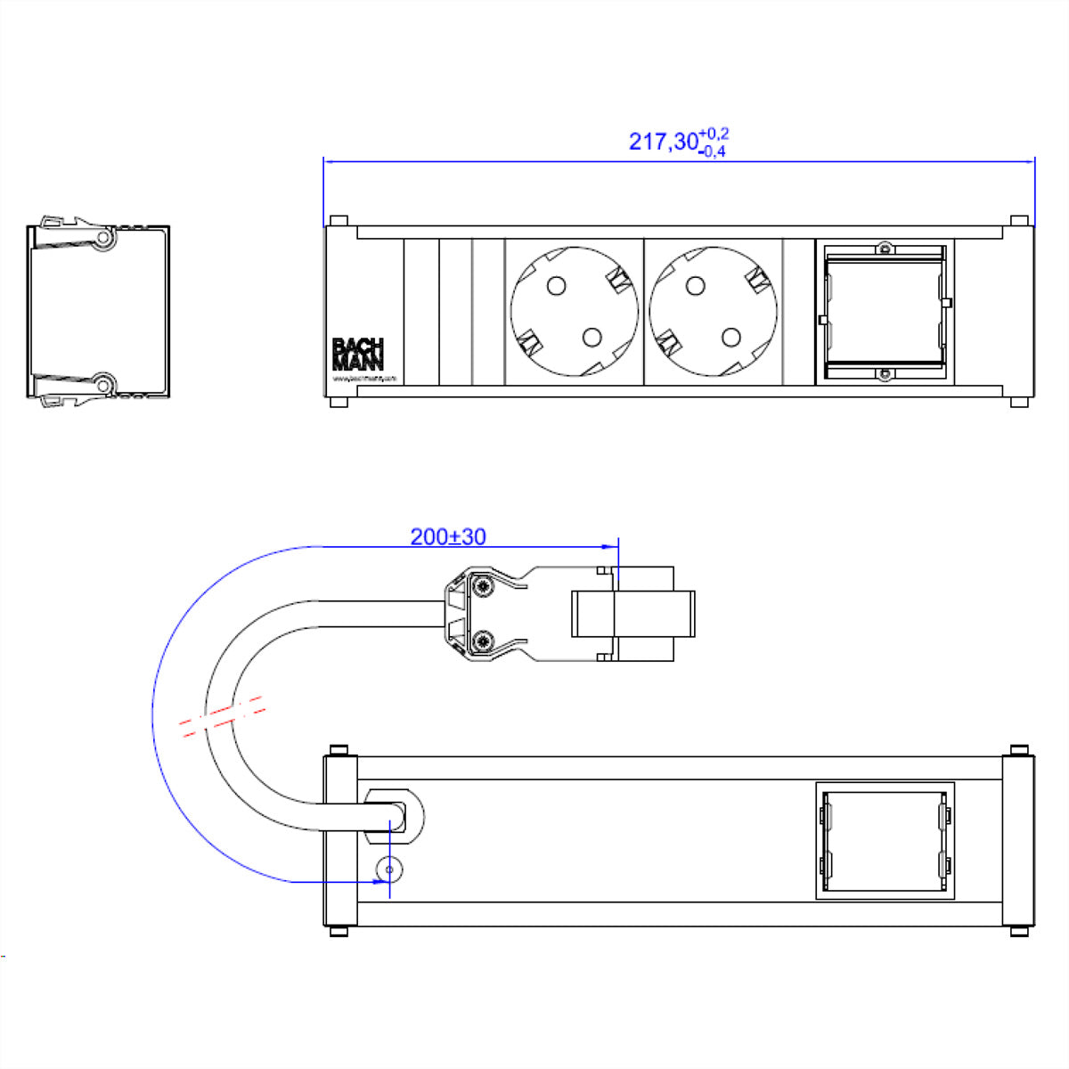 Bachmann CONI Steckdoseneinheit – 2×Schuko (Typ E/F) + 1×Leermodul, Einbau, GST18 0,2 m