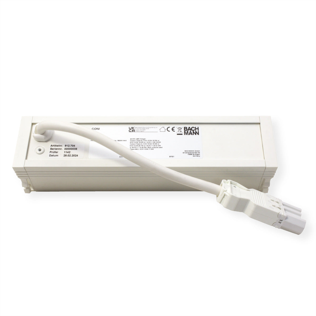 Bachmann CONI Einbausteckdosenleiste 2×UTE, 2×USB 22 W, Einbau, GST18 Eingang, 0,2 m – Weiss