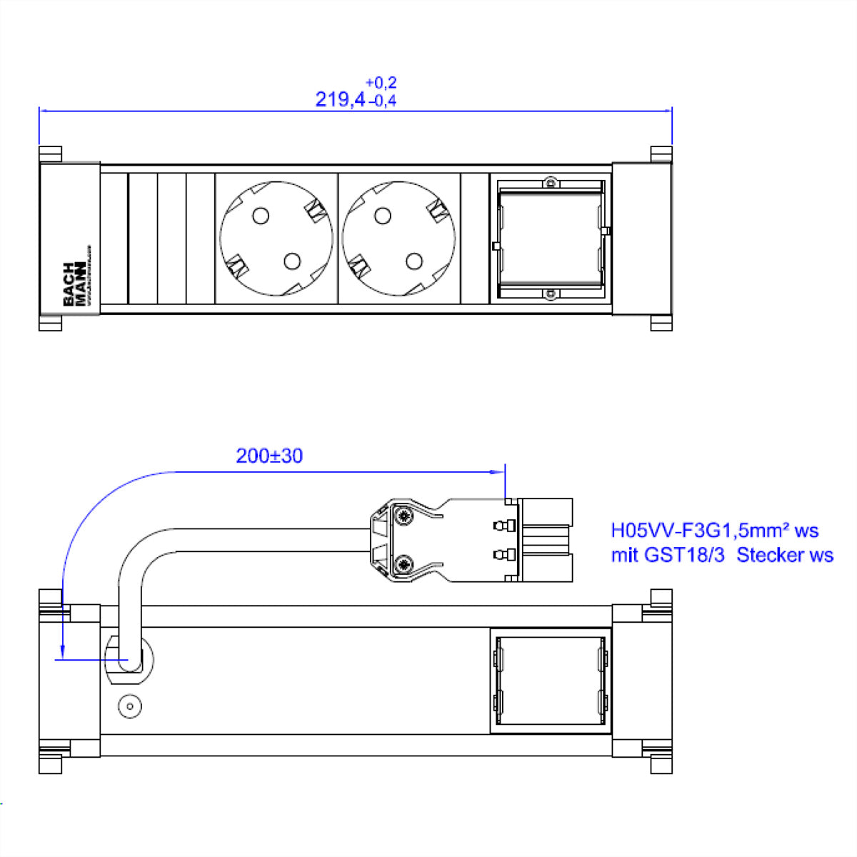 Bachmann Power Frame Einbau-Anschlussfeld 2×CEE‑7/3, 1×Wieland GST18 (Zuleitung 0,2 m) – Weiss RAL 9010