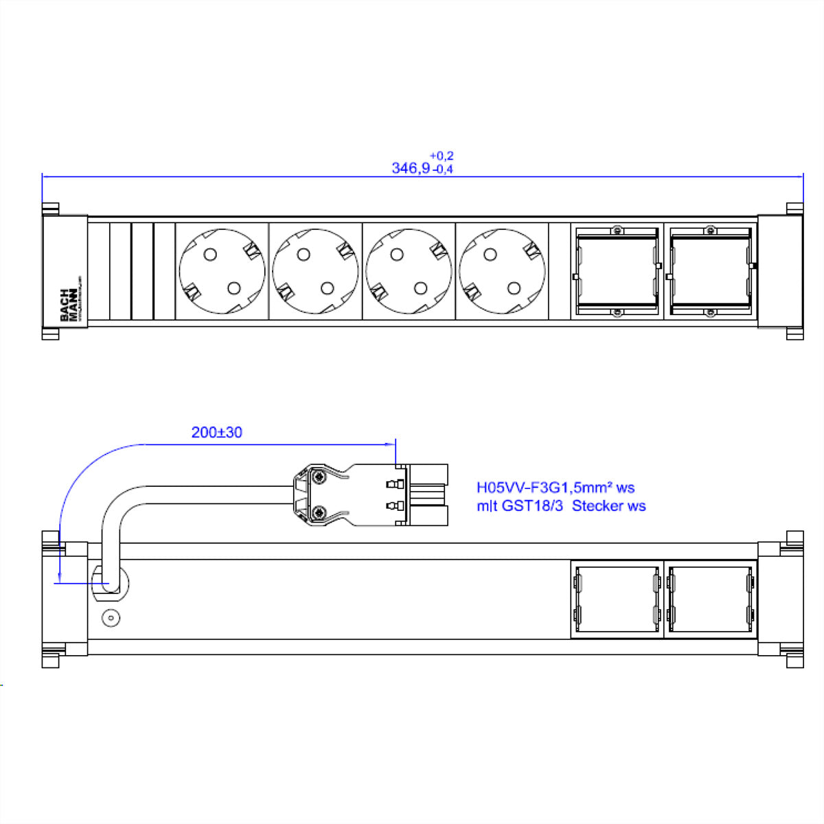 Bachmann POWER FRAME Einbausteckdosenleiste (4×T13 + 2×CM leer), Einbau, Eingang GST18, 0,2 m – weiss