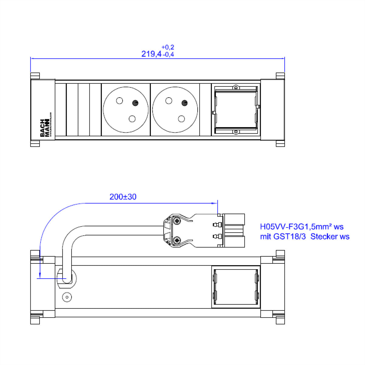 Bachmann POWER FRAME Einbau-Anschlussfeld – 2×UTE (Typ E), GST18-Kabel 0,2 m, RAL 9010 Weiss