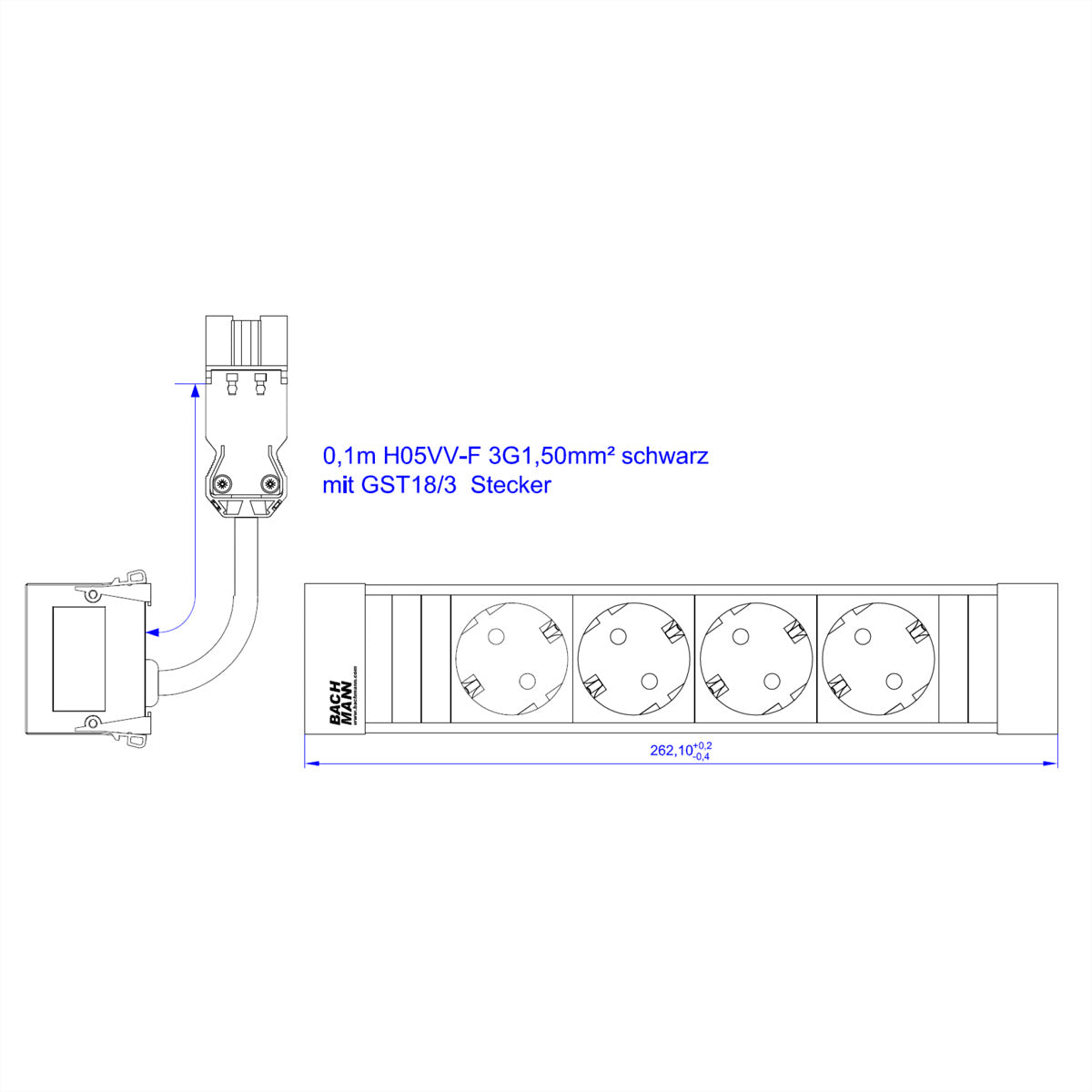 Bachmann POWER FRAME Einbausteckdosenleiste, 4×T13, Einbau, Eingang Wieland GST18, 0,20 m – Schwarz