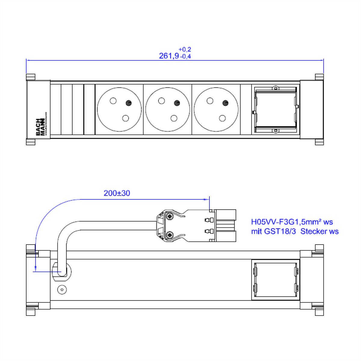 Bachmann POWER FRAME – Einbau-Anschlussfeld, 3× UTE, 1× GST18, 0,2 m Zuleitung, für FR/CZ/SK